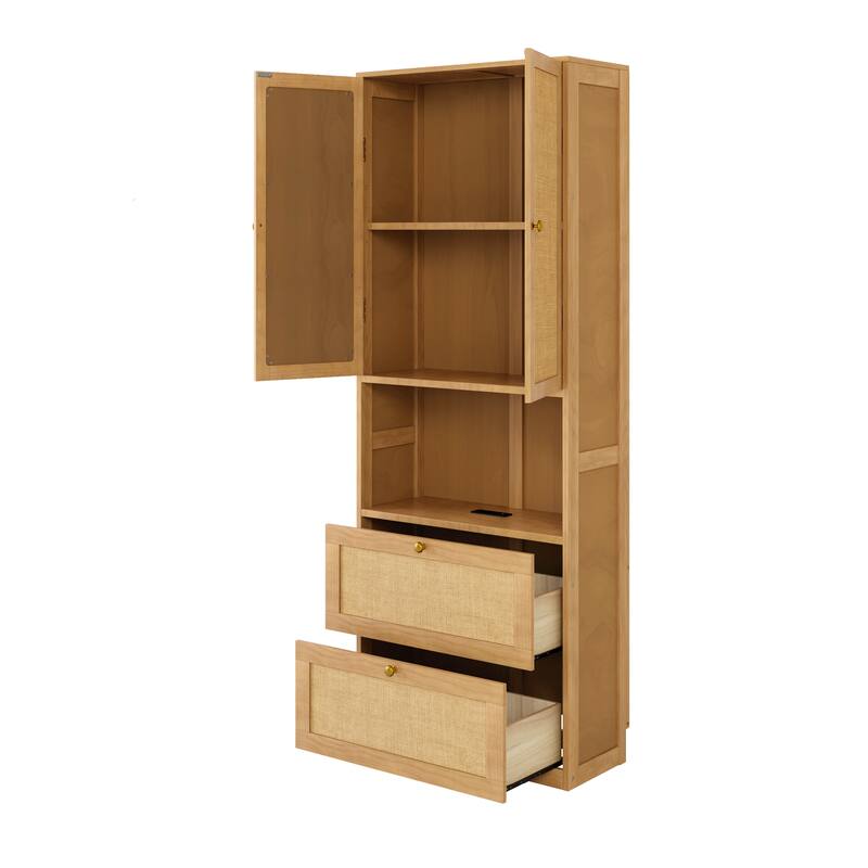 2 Doors Bookshelf with USB Port and 3 Drawers，Rattan Design Side Cabinet Storage Shelves，72.8 inch Tall Bookcase