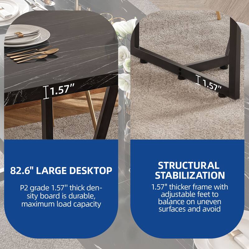 Moasis 82'' Large Dining Table for 6-8 People with Faux Marble Tabletop and Metal Legs