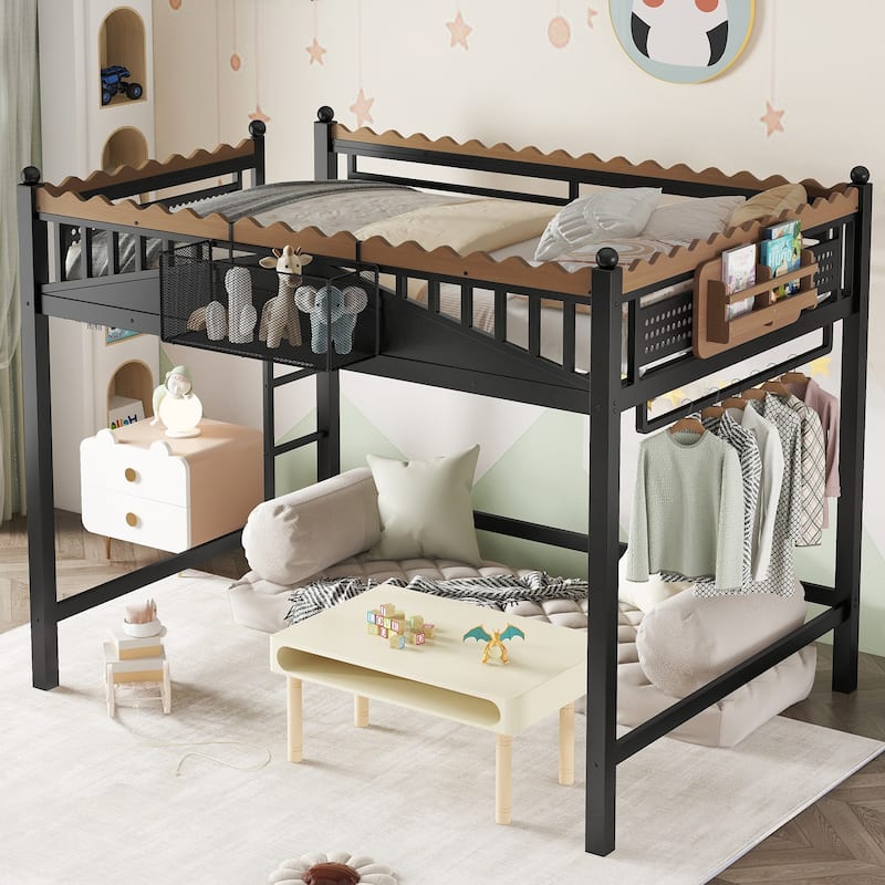 Modern Metal Loft Bed with Shelves & Bookshelf, Ladder Entry, No Box Spring Needed, Multi-Size