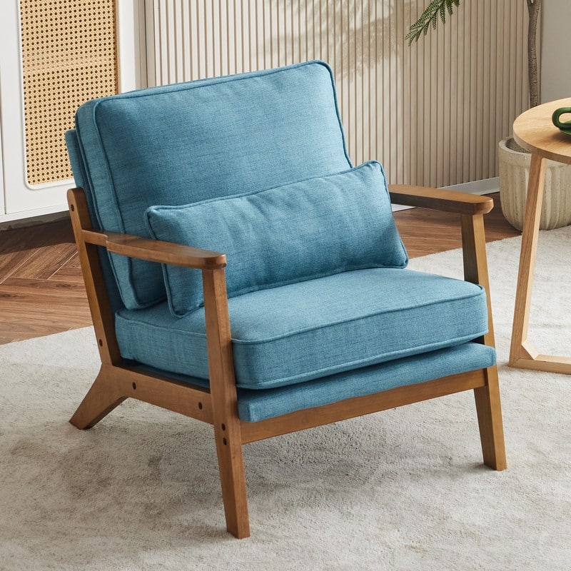 Upholstered Linen Blend Accent Chair with Wooden Legs and One Pillow Beige - Sky Blue