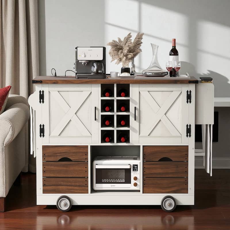 54" Farmhouse Kitchen Island with Drop Leaf, Power Outlet, Storage Cabinets, Drawers, and Rolling Wheels - White