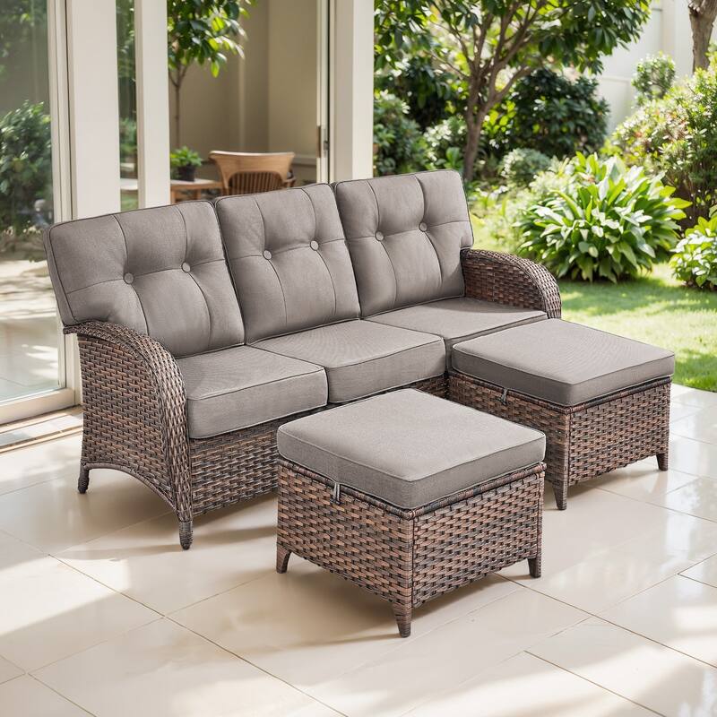 TWrap Brown Wicker Patio 3-Piece Sofa Set with 5-Inch Thick Cushions and 2 Ottomans