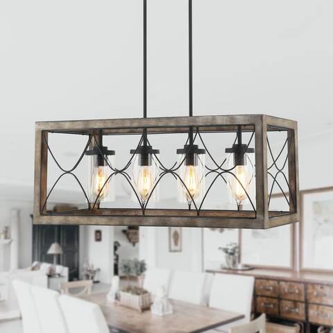 Farmhouse 4-Light Wood Linear Chandelier with Glass Shade - 36.42-in L x 11.42-in W x 12.99-in H