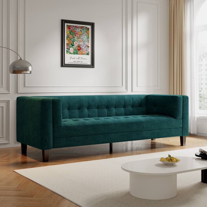 Frosty Green 89.75" Velvet 3-seater Button Tufted Sofa with Wood Legs and Kiln-Dried Hardwood Frame for Living Room - Frosty Green