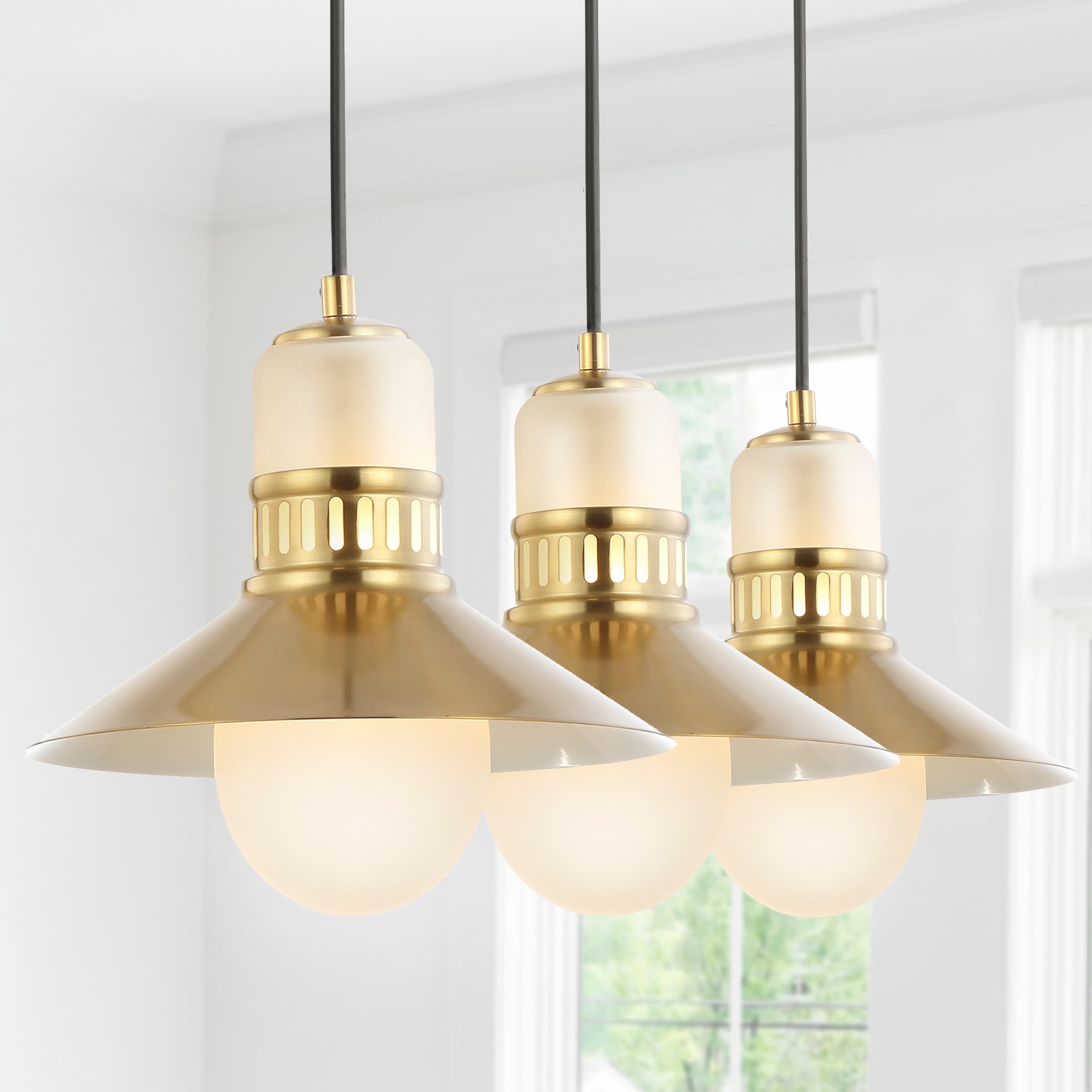 JONATHAN Y Eugenio 3-Light 35" Adjustable Iron/Glass Retro Hurricane Triple Linear LED Pendant, Brass Gold