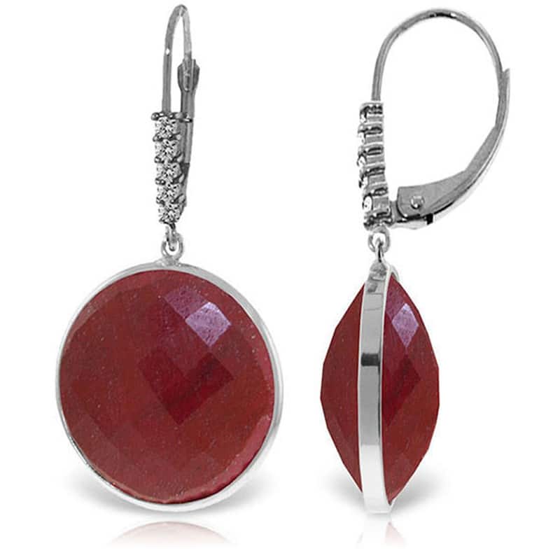 14K Solid Gold Diamonds Leverback Earrings w/ Round Dyed Rubies - White