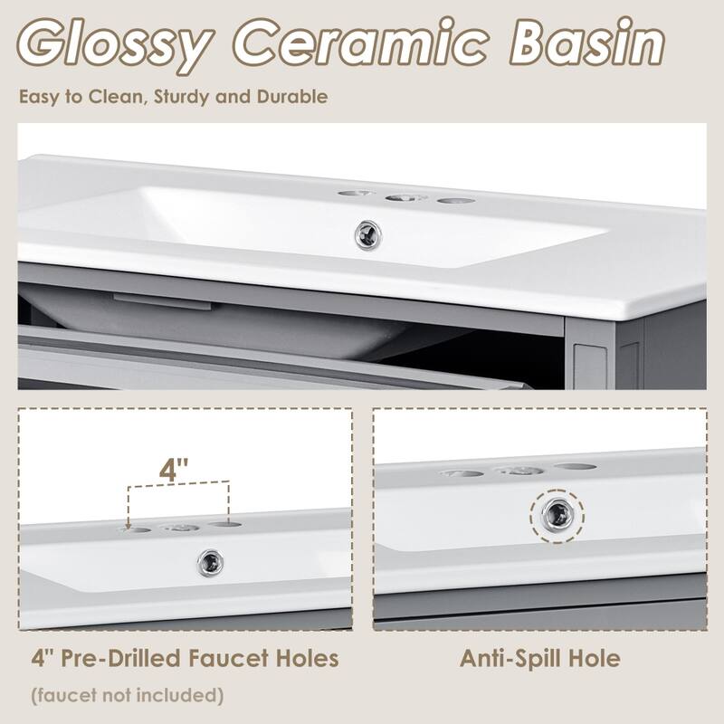 36 in. Modern MDF Bathroom Vanity with White Ceramic Top Sink and Tip out Drawer