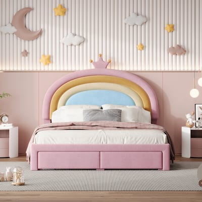 Full Size Velvet Platform Bed with Colorful Rainbow Headboard and 2 Storage Drawers, Upholstered Princess-Style Frame
