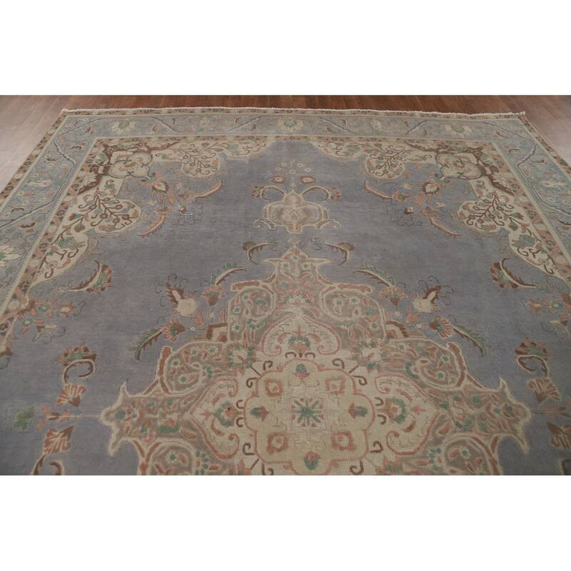Blue Tabriz Vintage Persian Area Rug Hand-Knotted Wool Carpet - 9'5" x 12'4"