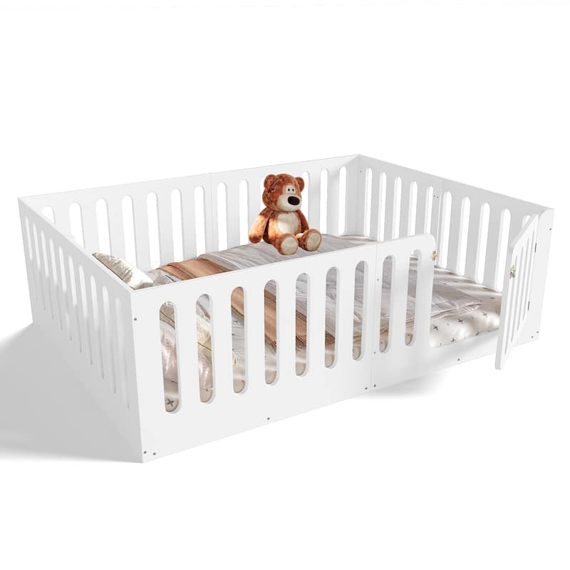 Queen Size Floor Bed with High Fence for Kids, Solid Wood Kids Montessori Bed with Door, No Box Spring Needed Design