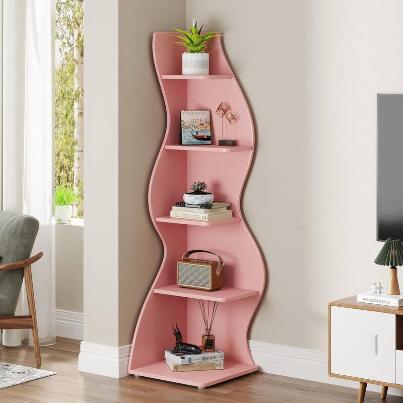 Modern Wood Corner Shelf, 5-Tier Bookshelf Bookcase for Living Room