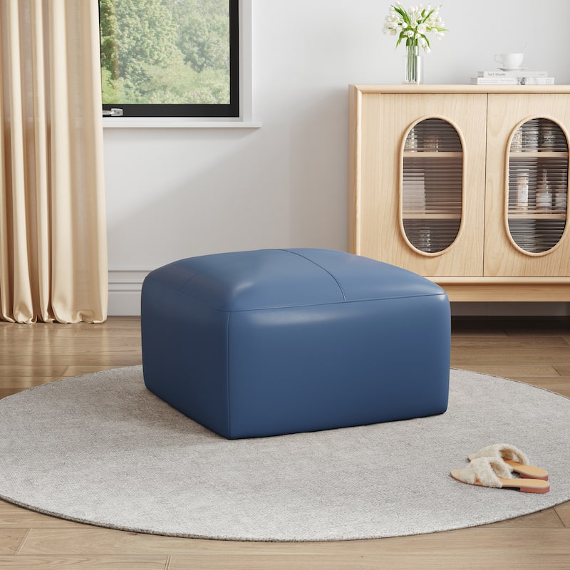 Upholstered Genuine Leather Ottoman for Living Room and Bedroom - Blue - 22"W