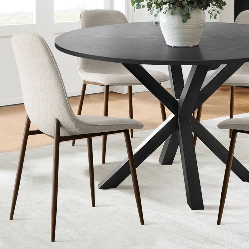 5-Piece Dining Table Set for 4 with Upholstered Chairs and Round Crossed Base Table - Beige