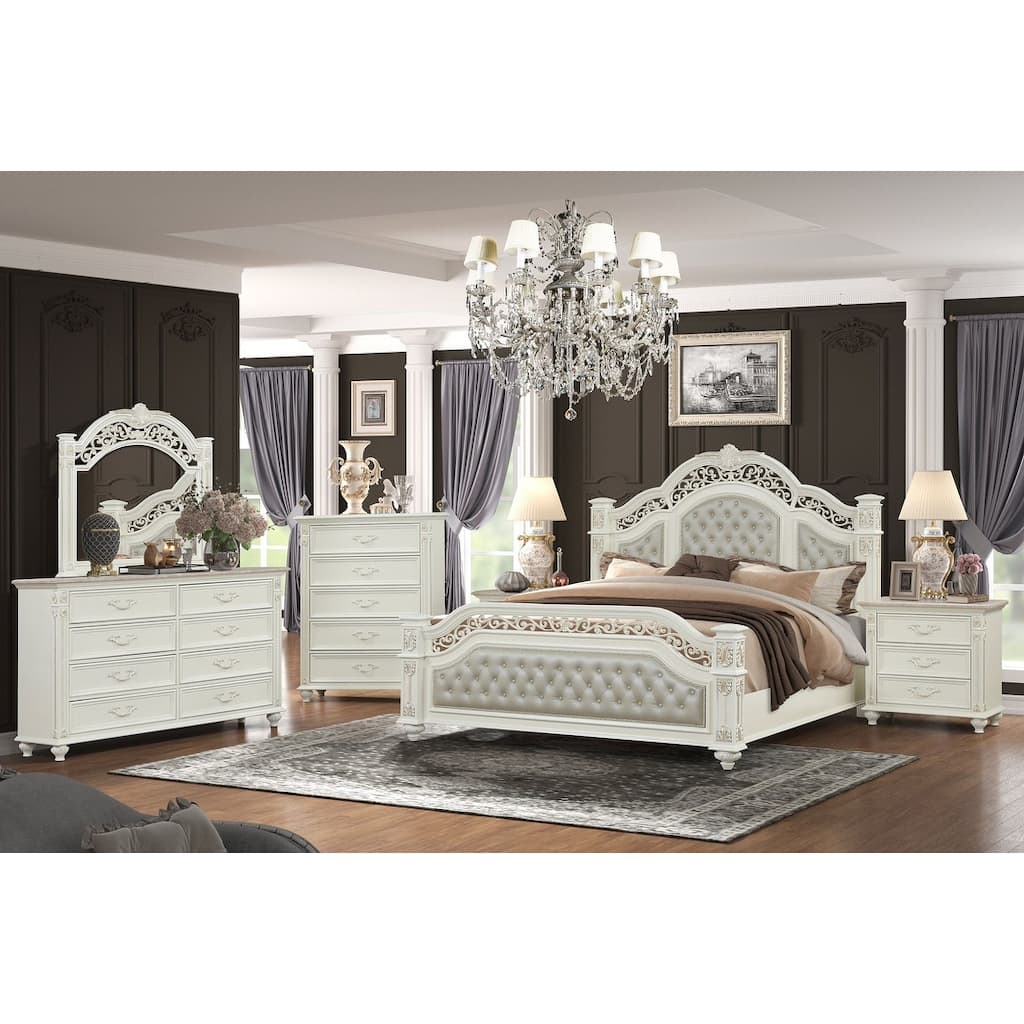 Marya White Tufted Leather Bedroom Set with Nailhead Trim