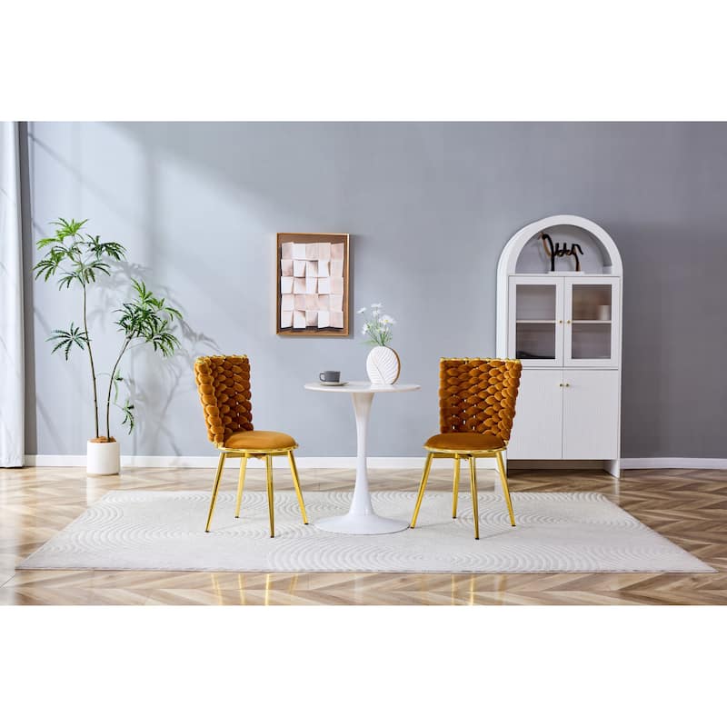 Set Of 2, Modern Luxury Velvet Woven Decorative Dining Chairs, Equipped With Gold Metal Legs And Cushioned Seats