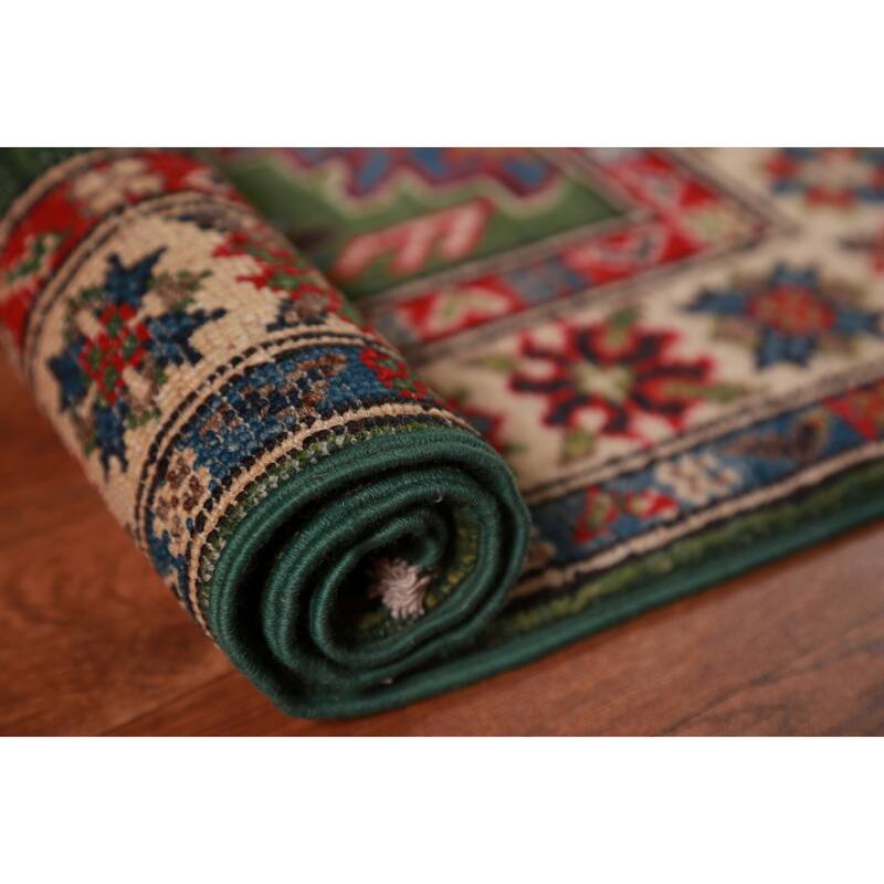 Green Geometric Kazak Oriental Foyer Rug Handmade Wool Carpet - 2'0"x 3'0"