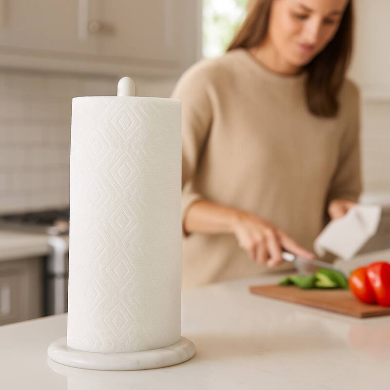 Creative Home White Marble Upright Paper Towel Holder with White Metal Pole