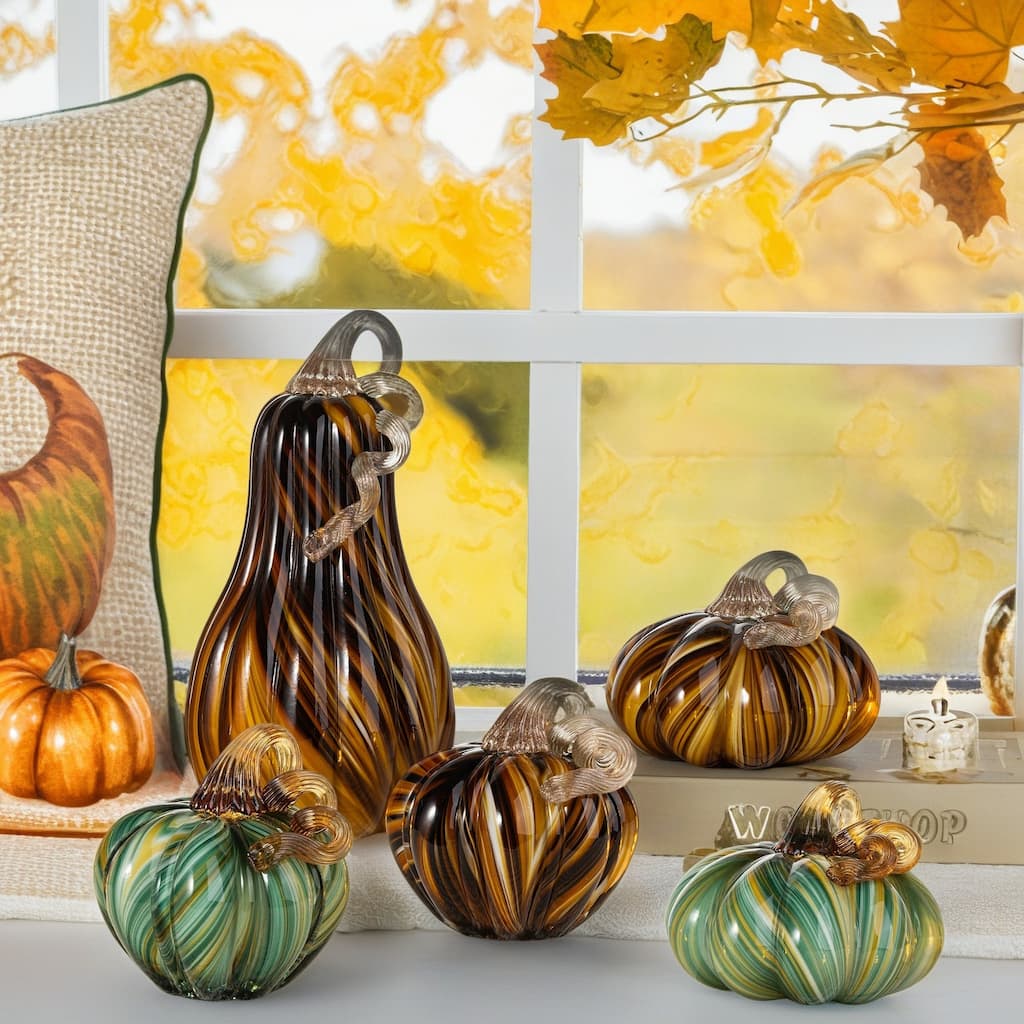 Glitzhome Fall Thanksgiving Multi Brown / Green Striped Glass Pumpkin Gourd
