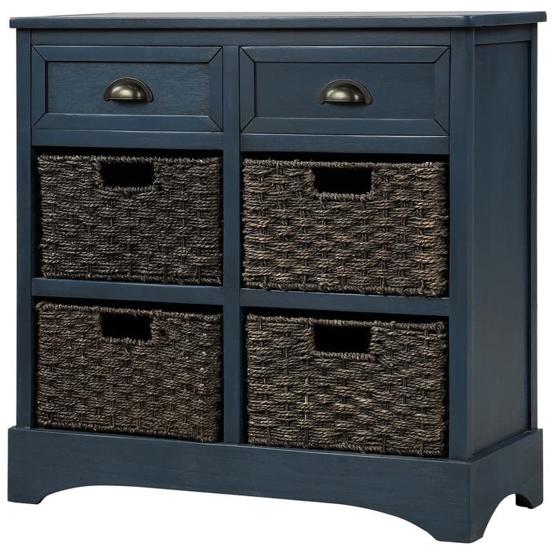 Rustic Acacia&Rattan Storage Cabinet-Farmhouse Style,No Assembly