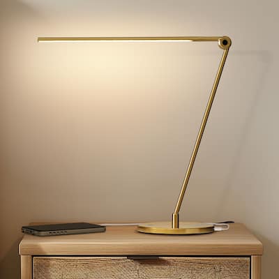 Brightech Libra 39 in. Antique Brass Dimmable LED Industrial Desk Lamp with USB Port and Adjustable Lamp Head