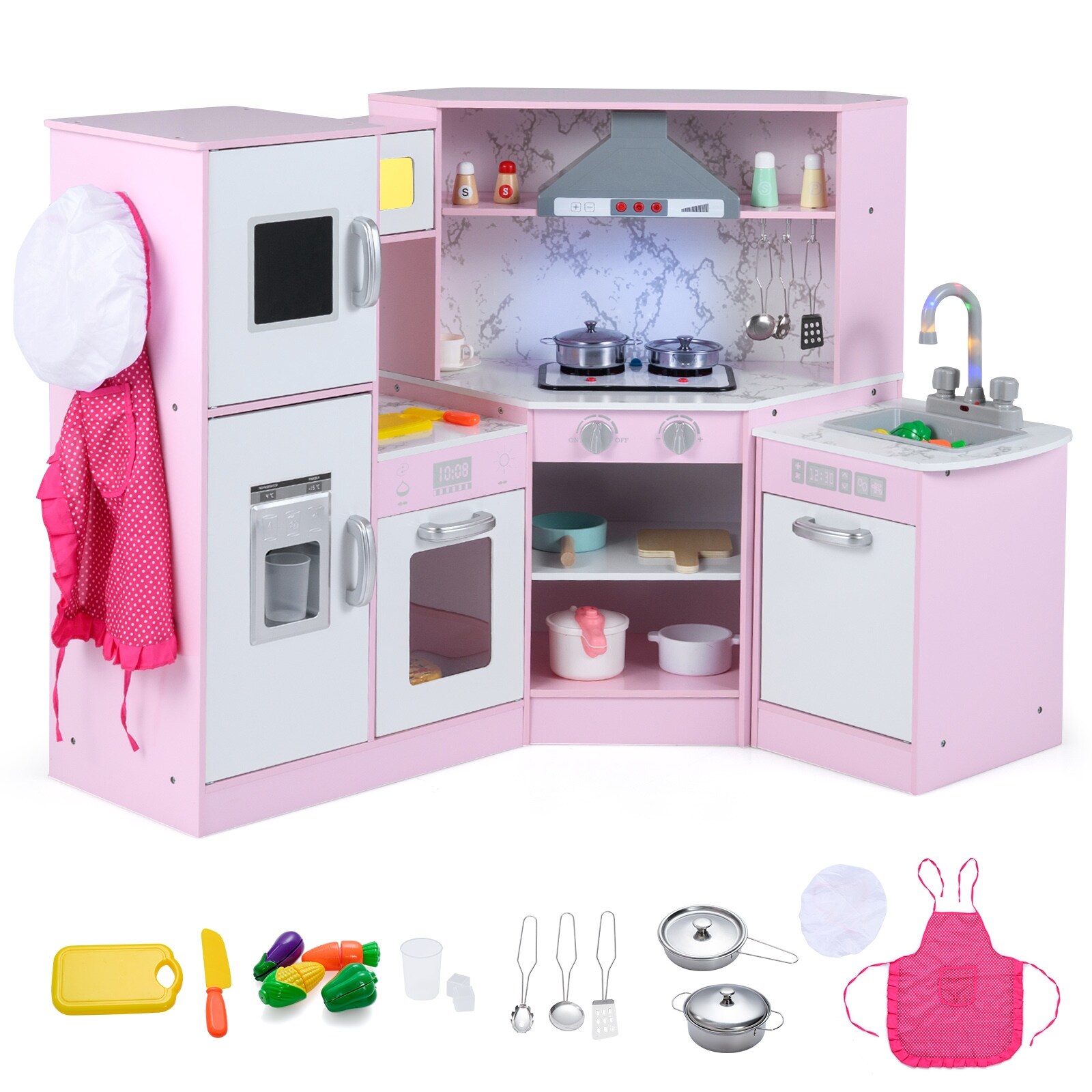 KAHRI キッチンセット Corner Kids Play Kitchen Set with Lights, Ice Maker, Dishwasher