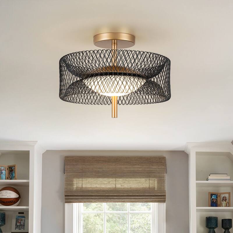 Matte Black Gold LED Flush Mount Ceiling Light with Reticulate Frame - 1