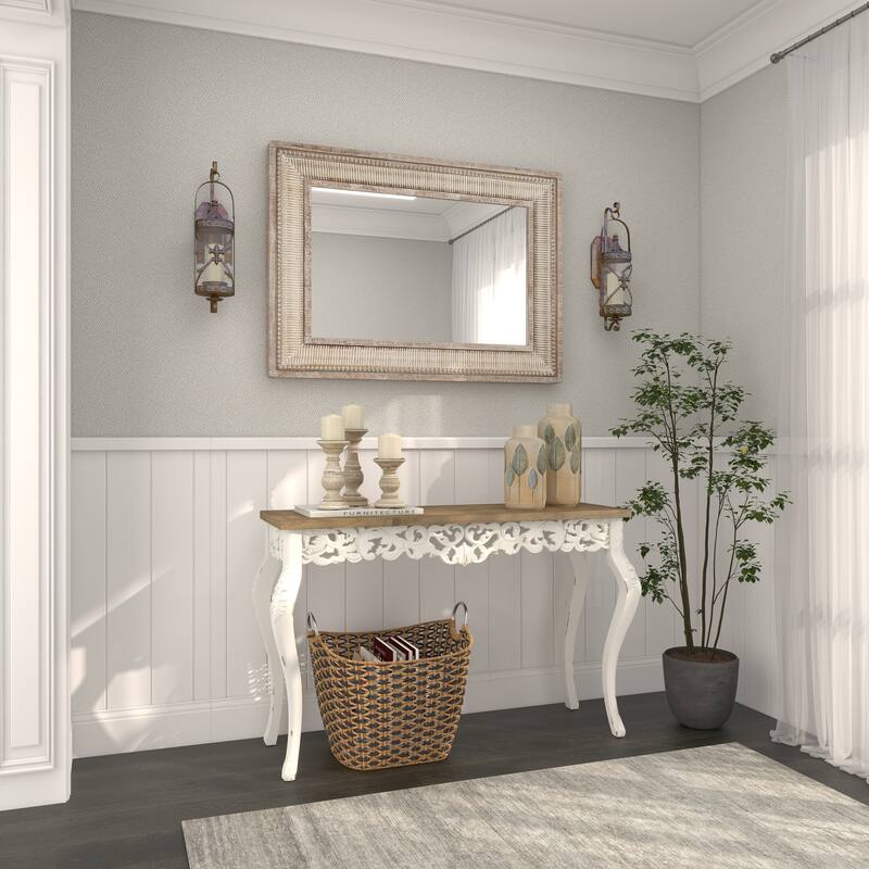 White Wood Intricately Carved Scroll Console Table with Brown Wood Top