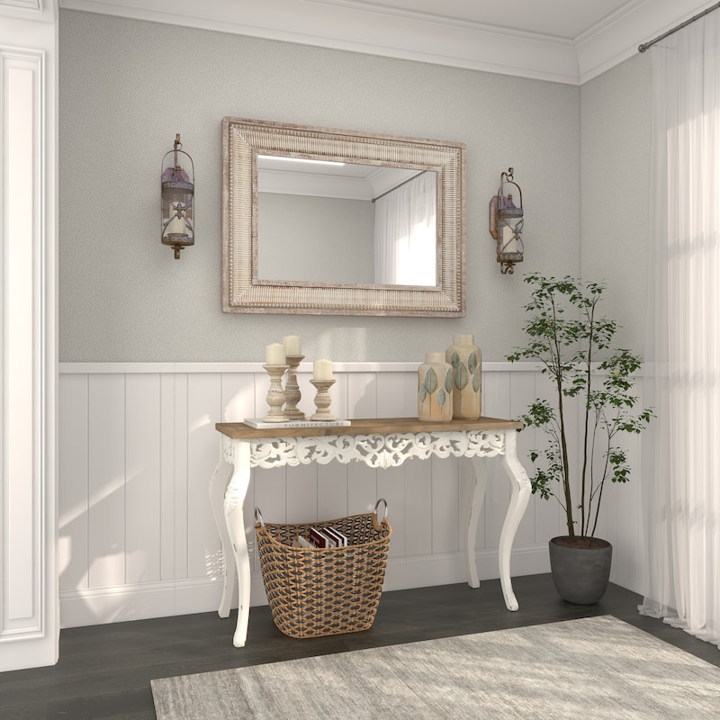 Wood Scroll Intricately Carved Console Table with Brown Wood Top - White - Roche River Decor