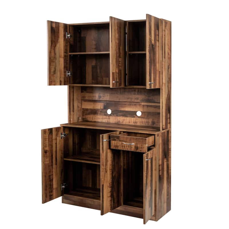 Rustic Farmhouse Tall Wardrobe, Armoire with Shelves, Open Compartment and Drawer, Freestanding Storage Closet Wardrobe Cabinet