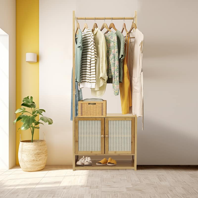 Bamboo Garment Rack with Clothes Rail Storage Organiser Freestanding - 21" x 13" x 66"