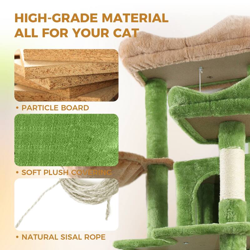 68in Tall Multi-Level Cat Tree with Hammocks, Hanging Basket, Cat Cave, Removeable Cushion, Scratching Posts