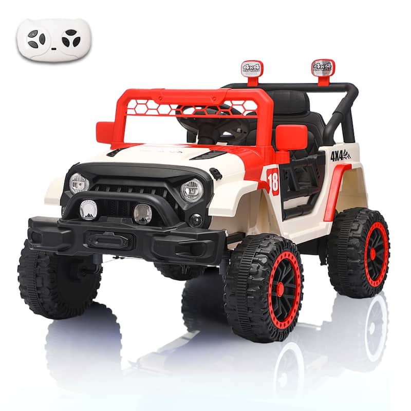 12V Ride on Car with Parent Remote Control, Toddler Electric Car with Spring Suspension, LED Lights & Music Player - White+Red
