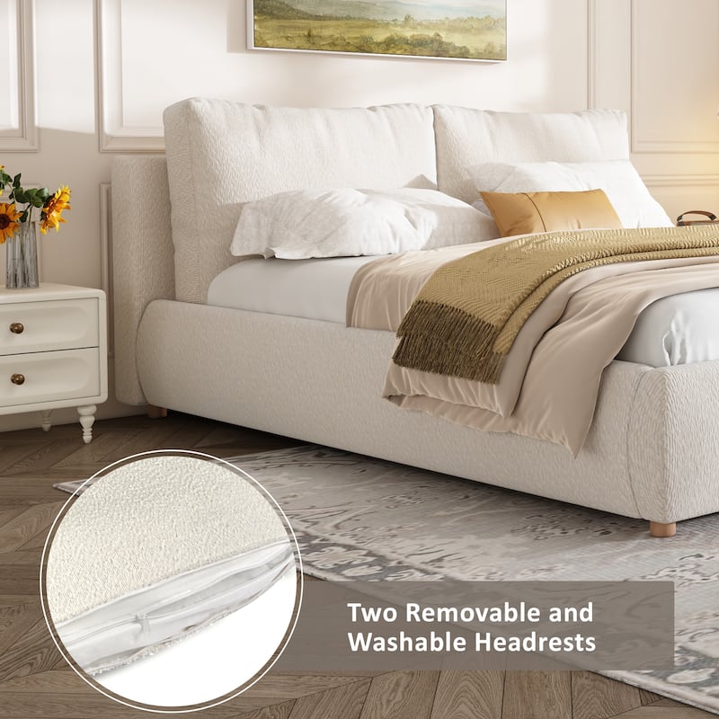 King Size Upholstered Platform Bed with Removable Pillow Headboard, Boucle Fabric, White
