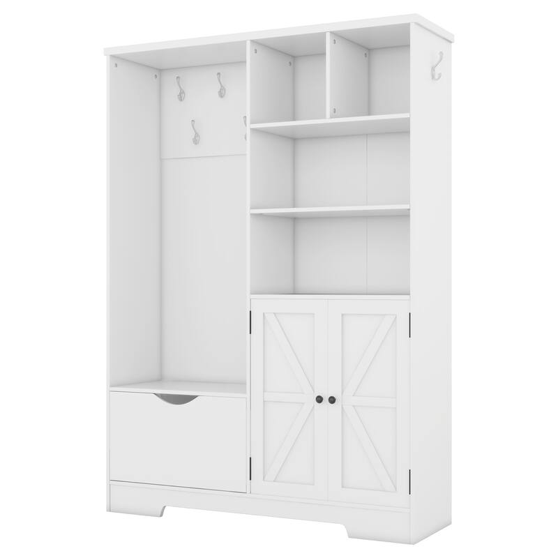 Multi-functional Hall Tree with Storage Shelves Drawers and Cabinet, Elegant Hallway Shoe Cabinet with Bench, Modern Coat Rack