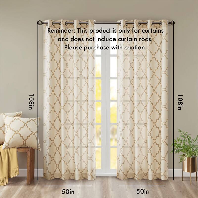 Fretwork Print Grommet Top Window Curtain Panel(Only 1 Pc Panel) - Beige+Gold - 108 Inches