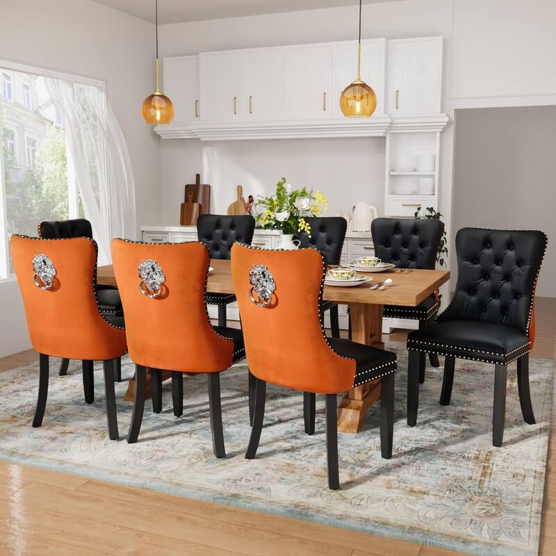 Tufted Naliheads Solid Wood Upholstered Dining Chairs Set of 8 - BlackOrange BlackLegs