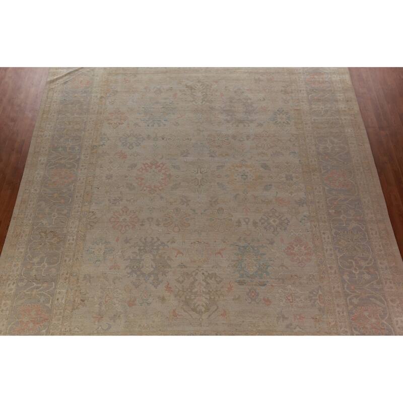 Hand Knotted Oriental 100% Wool Carpet Transitional All-Over Beige & Ivories Oushak Area Rug - 14' 9'' X 11' 4''