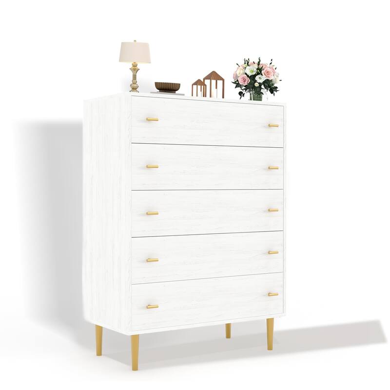 5 Drawers Dresser for Bedroom, 44" Tall Wood Rustic Chest of Drawers with Bar Handles, Vintage Design