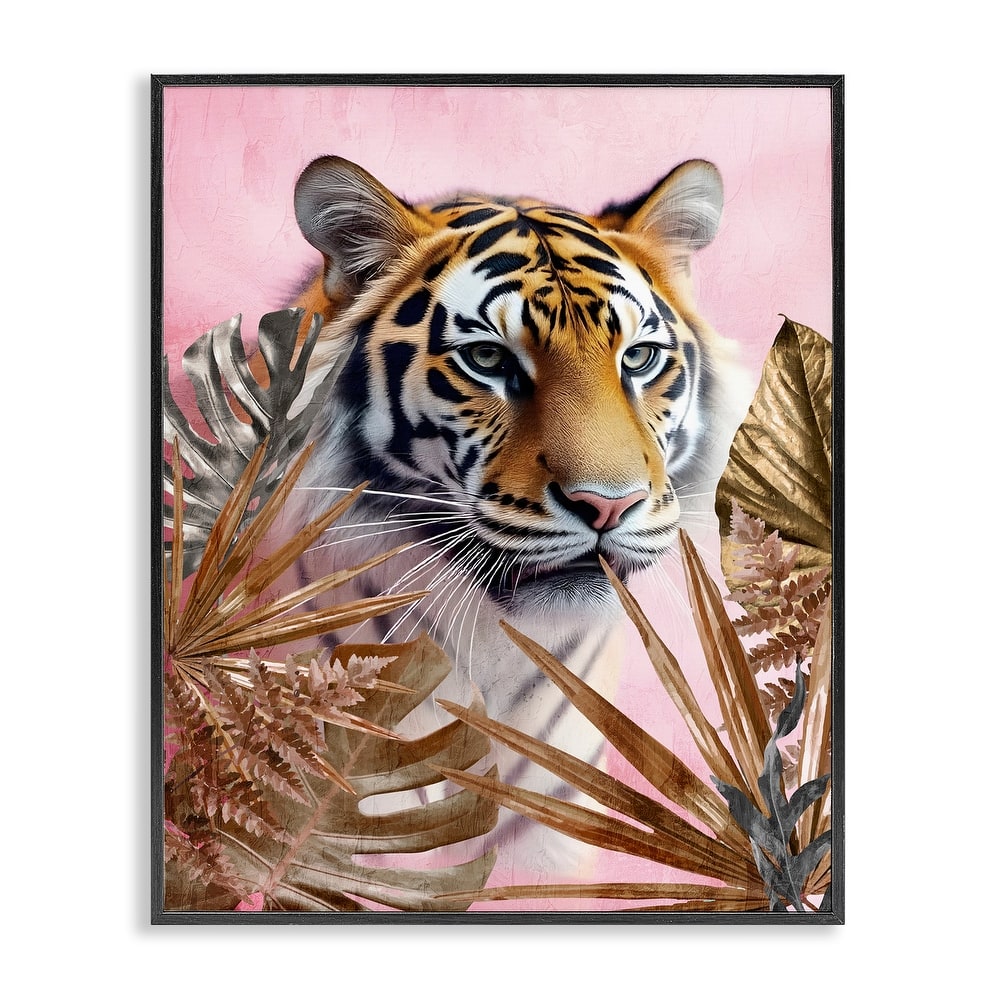 Stupell Exotic Tiger with Gold Leaves Framed Giclee Art Design By Kim Allen