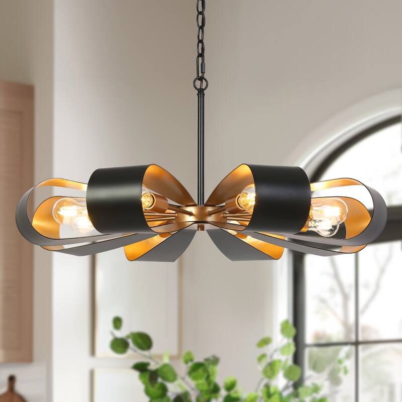 Modern Industrial 8-Light Chandelier Black Gold Floral Pendant Light for Living Room and Dining Room - 32.6 " × 15.8 "