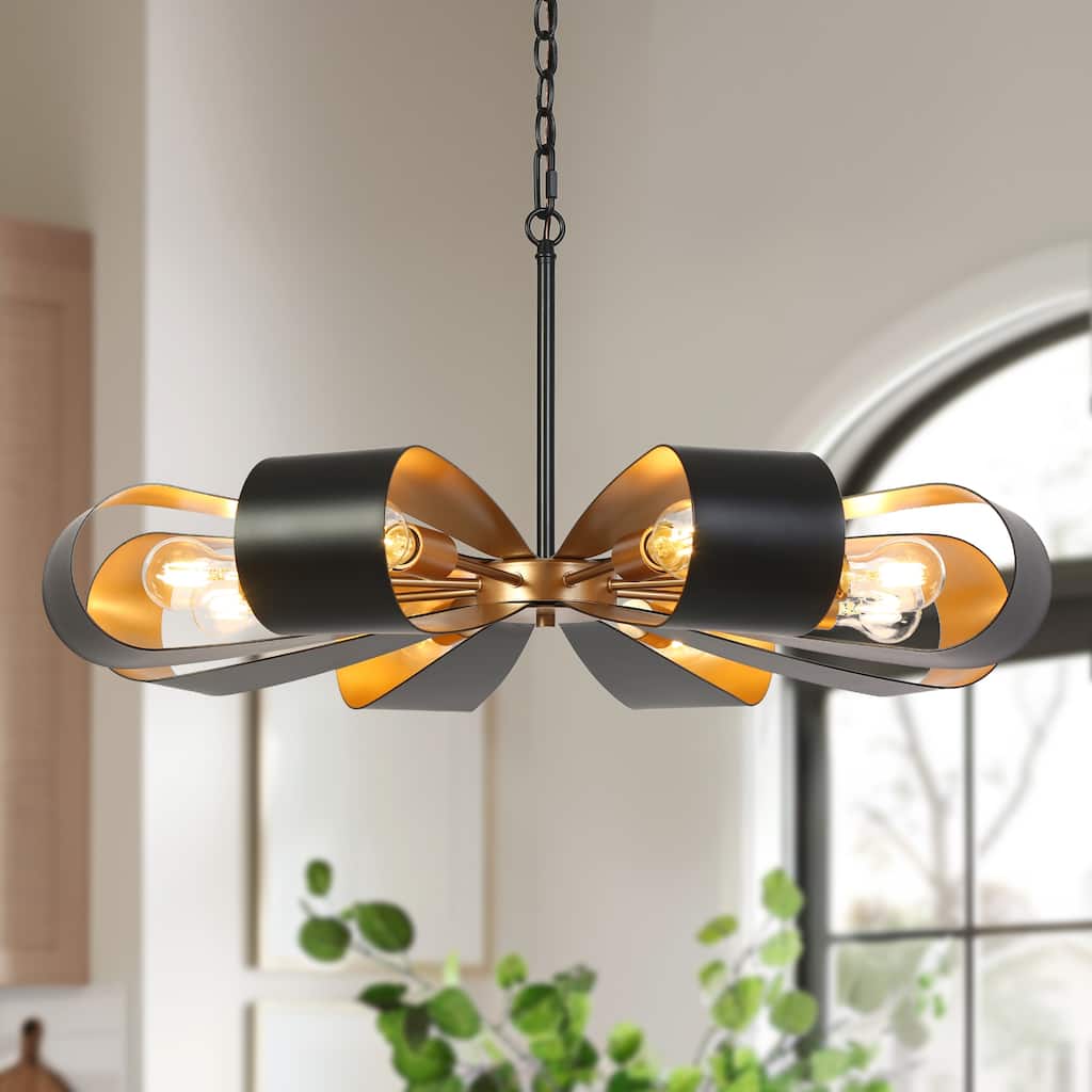 Modern Industrial 8-Light Chandelier Black Gold Floral Pendant Light for Living Room and Dining Room - 32.6 " × 15.8 "