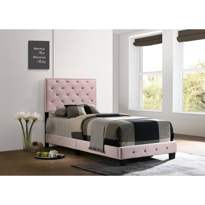 Suffolk Velvet Upholstered Jewel Accent Tufted Nailhead Panel Bed - Pink - Twin