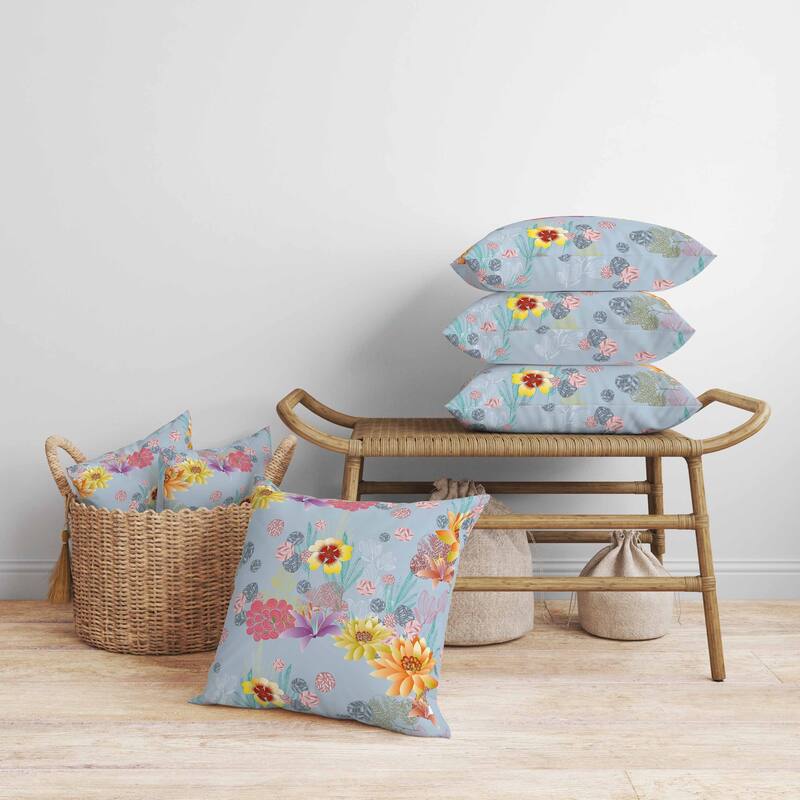 Colorful Flora Faux Suede Reversible Throw Pillow Blue and Multi