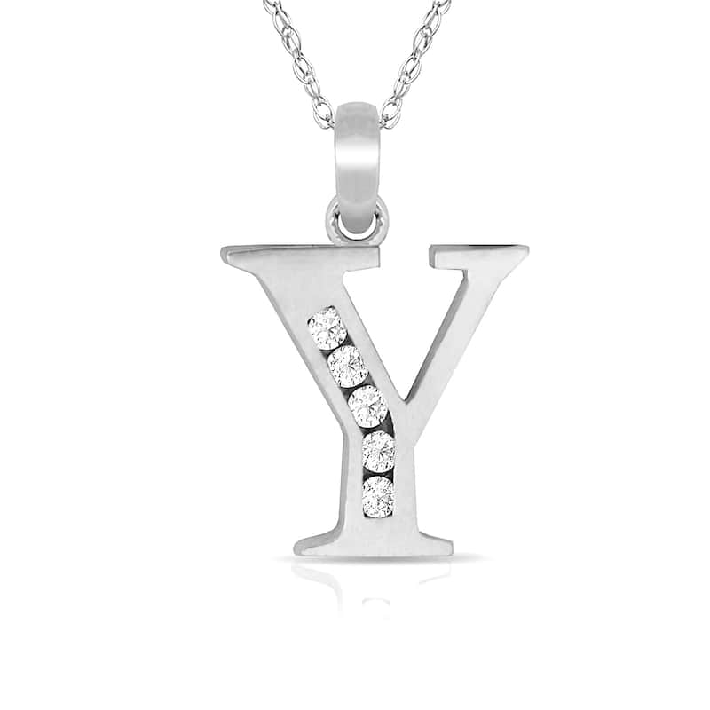 Curata 14k White Gold, 18" Small Channel-set (A-Z) Cubic Zirconia Initial Pendant Necklace - Y