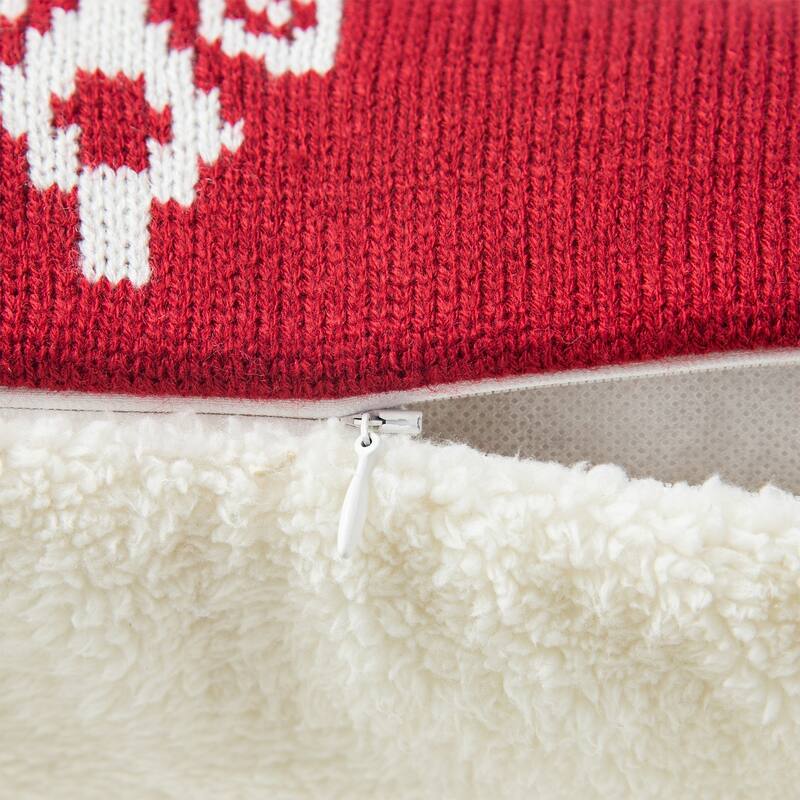 Glitzhome 18-Inch Christmas Knitted Snowflake Acrylic Red Pillow Cover with Tassels