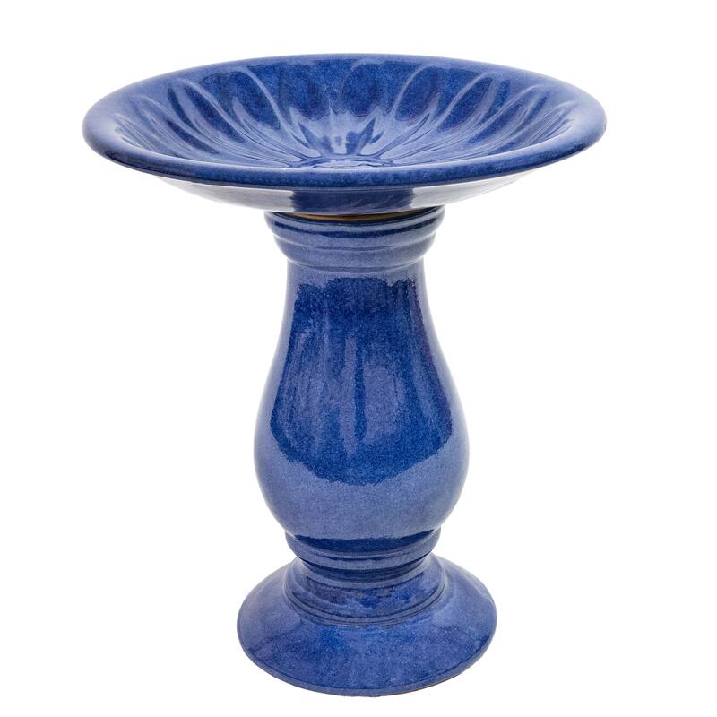 Sunnydaze Daisy Embossed Bowl Glazed Ceramic Bird Bath - Blue - 21.5" H