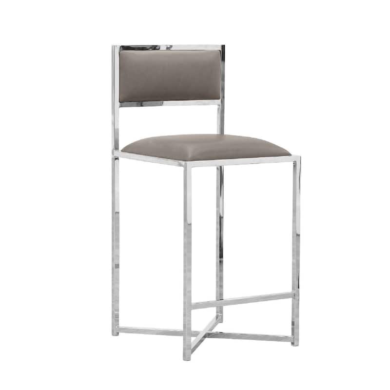 Eun 26 Inch Vegan Faux Leather Counter Stool, Chrome Base, Set of 2, Gray