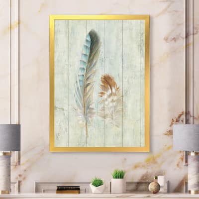 Designart "Natural Feathers on Wood I" Farmhouse Framed Art Print