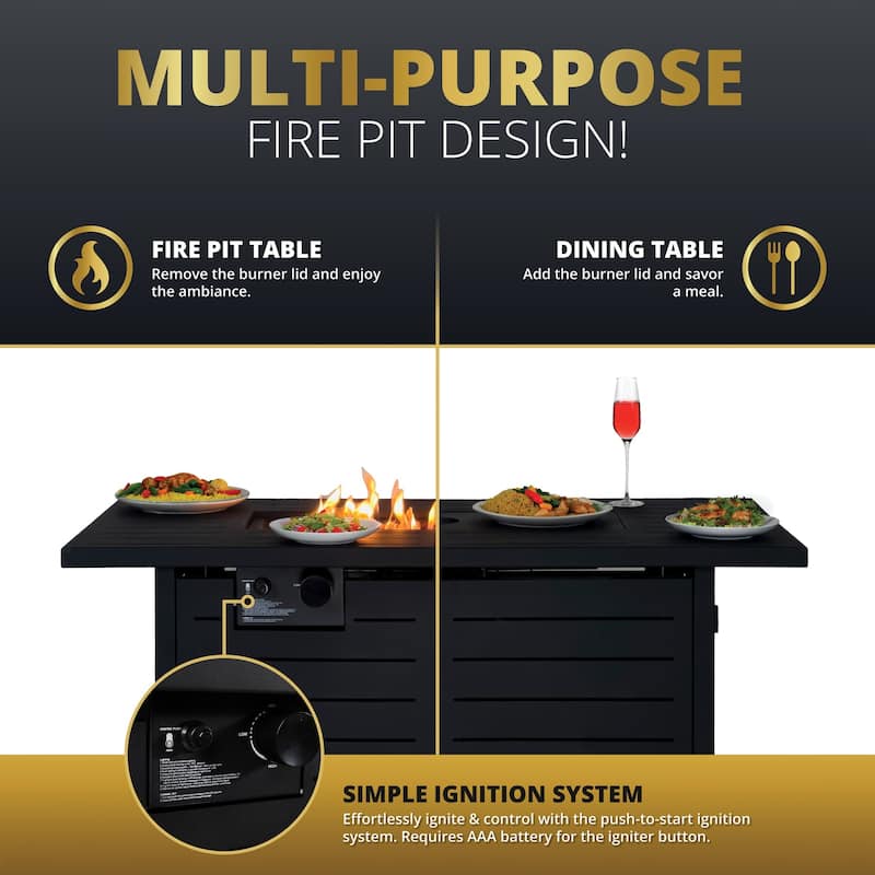 Kinger Home Ore Black 42-Inch Rectangle Fire Pit Table with Lava Rocks