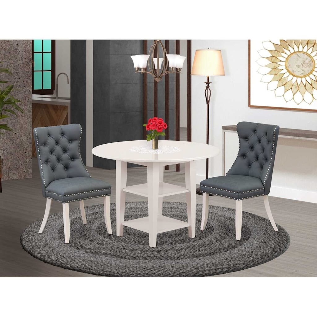 HomeStock 3-Pc Linen White Finish Round Solid Wood Top With Dropleaf Dining Table Set